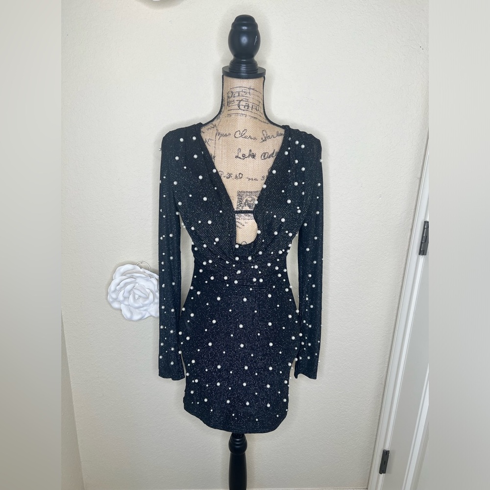 NTM: SHEIN Pearl Embellished Black Bodycon Mini Dress Long Sleeve Size Small